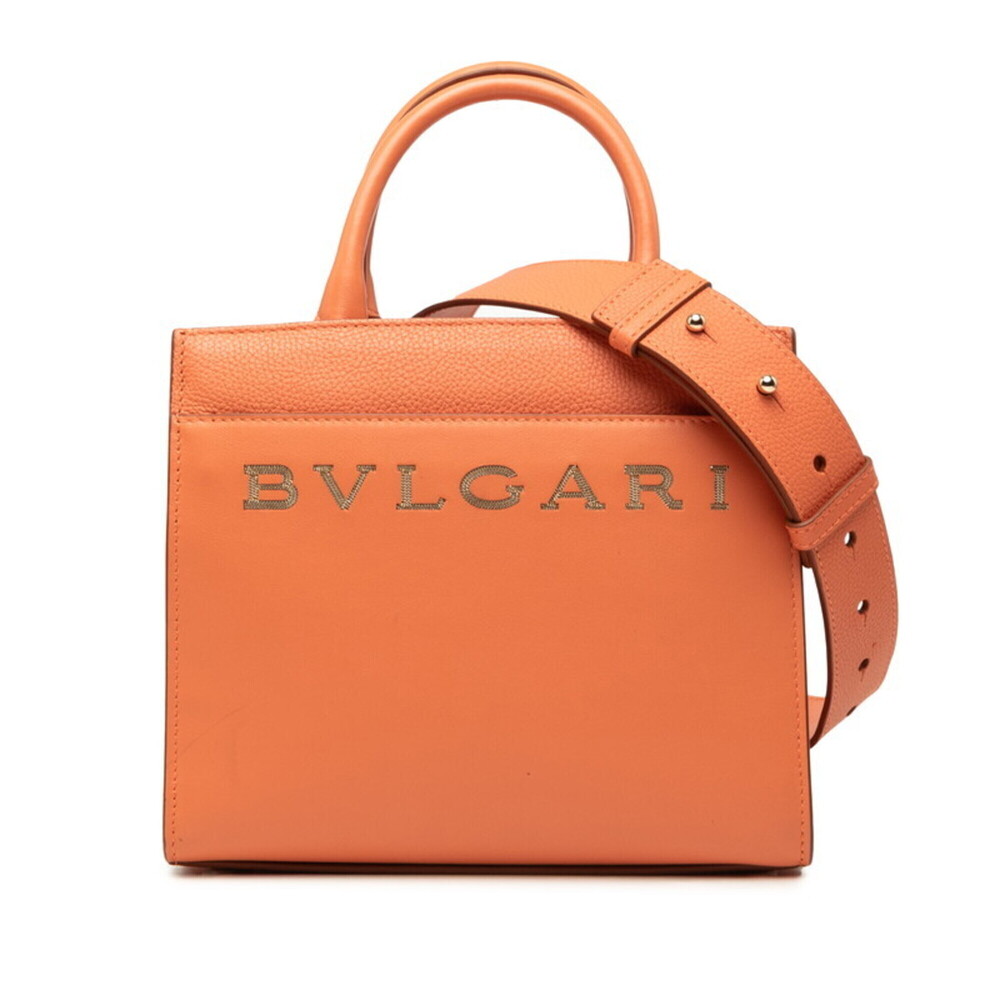 BVLGARI Logo Handbag Shoulder Bag 2-Way Orange Leather Women's
